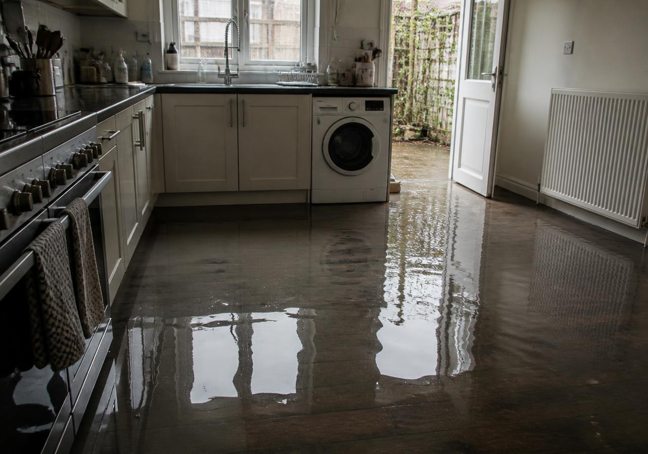 Flooded London kitchen after a burst pipe