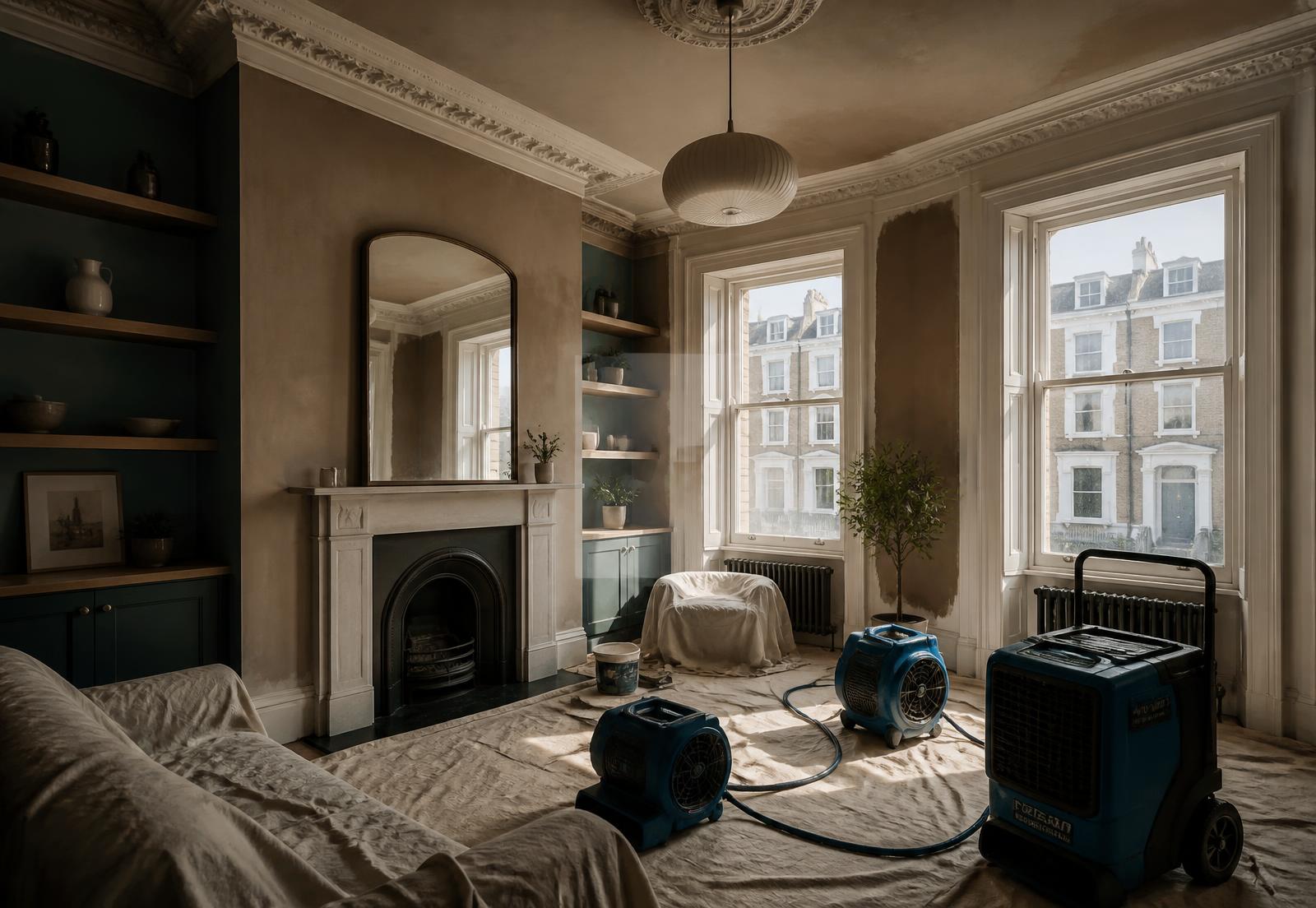 London Victorian living room being dried and replastered after water damage